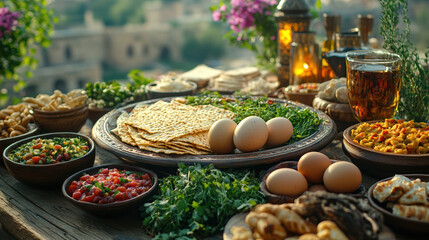 A beautifully arranged festive meal with traditional dishes perfect for family gatherings during Hanukkah.