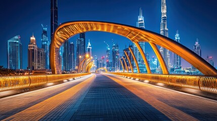 Obraz premium A modern pedestrian bridge with illuminated arches, offering a view of Dubai's skyline at night.