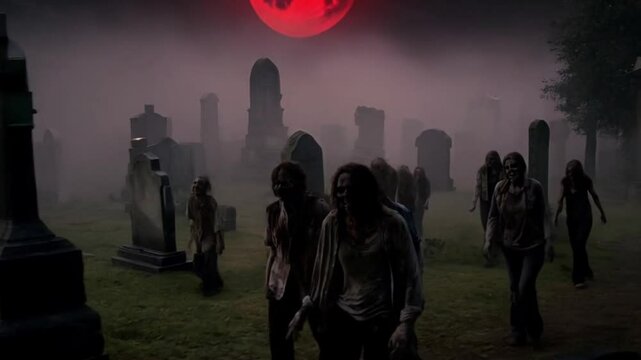 A group of zombies walking slowly through a foggy graveyard under a blood moon.