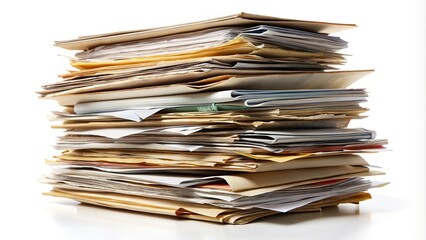 Messy pile of asymmetrical files on white background