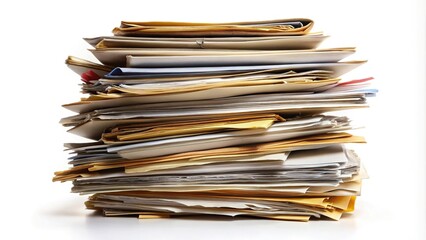 Messy files stacking up isolated on white background