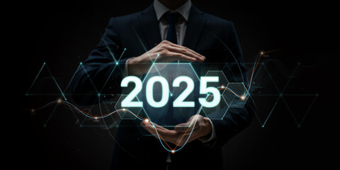 Businessman making gestures with the number 2025 in a futuristic concept scene