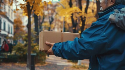 Delivery Man Holding a Package in Autumn