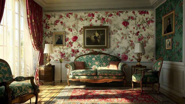A vintage living room with floral wallpaper, elegant furniture, and classic artwork.