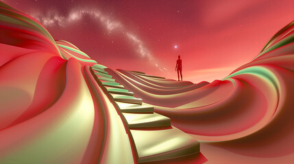 Figure on glowing path under cosmic sky. Perfect for soul searching visuals, natal chart journeys, and personal astrology branding.