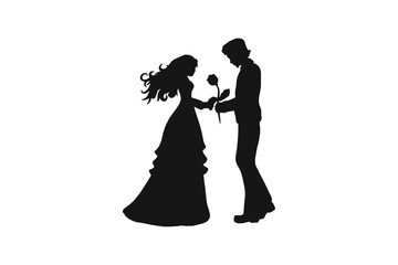 Romantic Couple Silhouette with a Rose, Black and White Vector Illustration of Love and Affection