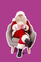 Santa Claus with tasty popcorn sitting in armchair on purple background