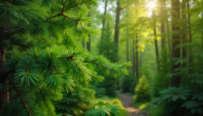 Lush Green Pine Forest Path with Sunlight Filtering Through