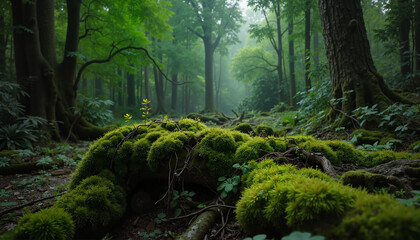 Fototapeta premium Lush Green Forest Floor with Moss-covered Log in Misty Atmosphere