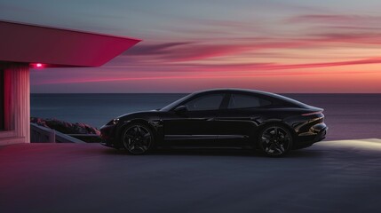 Naklejka premium Contemporary Car on Scenic Road with Ocean Backdrop