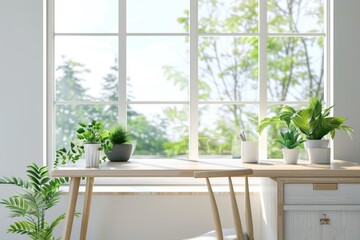 Desk with green plant and spring view through window.