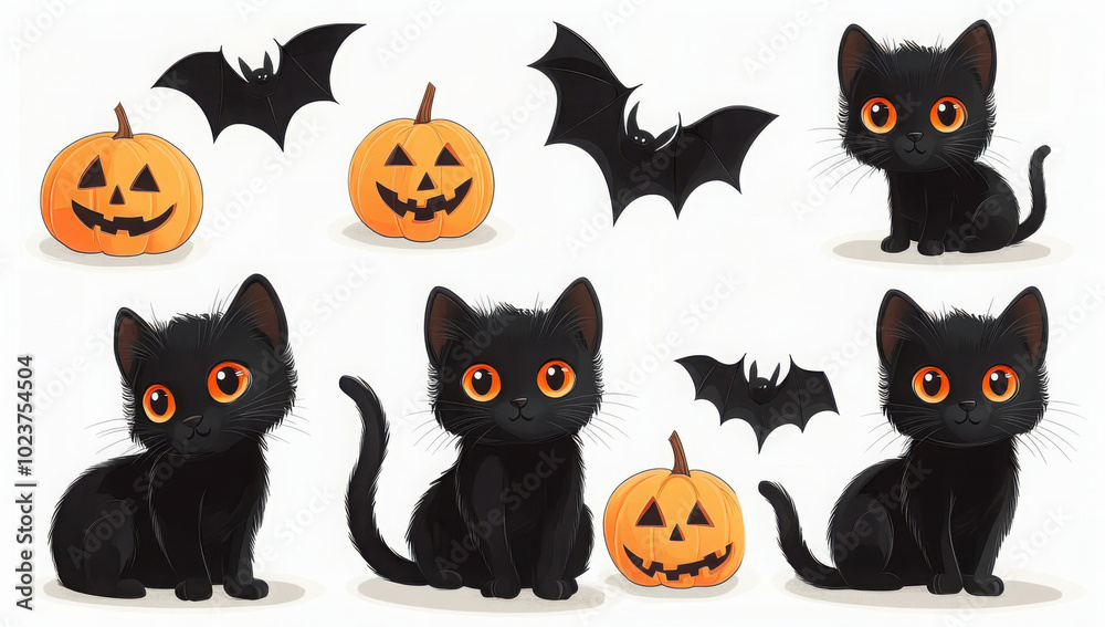 Wall mural seamless pattern with black cat, pumpkin, bat, spider and ghost celebrating halloween on beige backg