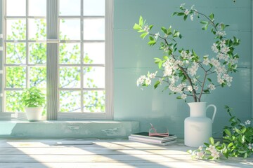 Green plant on desk with springtime window view.