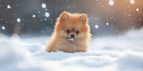 Obraz premium pomeranian puppy in the winter snow 