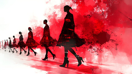 Fashion models walk the runway during a vibrant show featuring red hues and striking silhouettes in an artistic setting