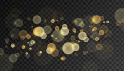 Abstract golden shine blur bokeh effect on dark horizontal background. Vector lens flare spot light sparkles or shiny glittering glow beams for modern trendy Christmas celebration design template.	