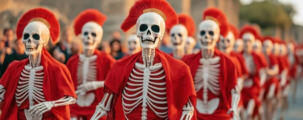 Roman centurions dressed as Halloween skeletons marching through the streets of Pompeii selective focus - A spooky twist on historical tradition - surreal - Fusion - Parade route b