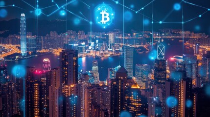 Fototapeta premium A glowing Bitcoin symbol hovers above a cityscape at night, with lines connecting it to buildings, representing the digital currency's growing influence.
