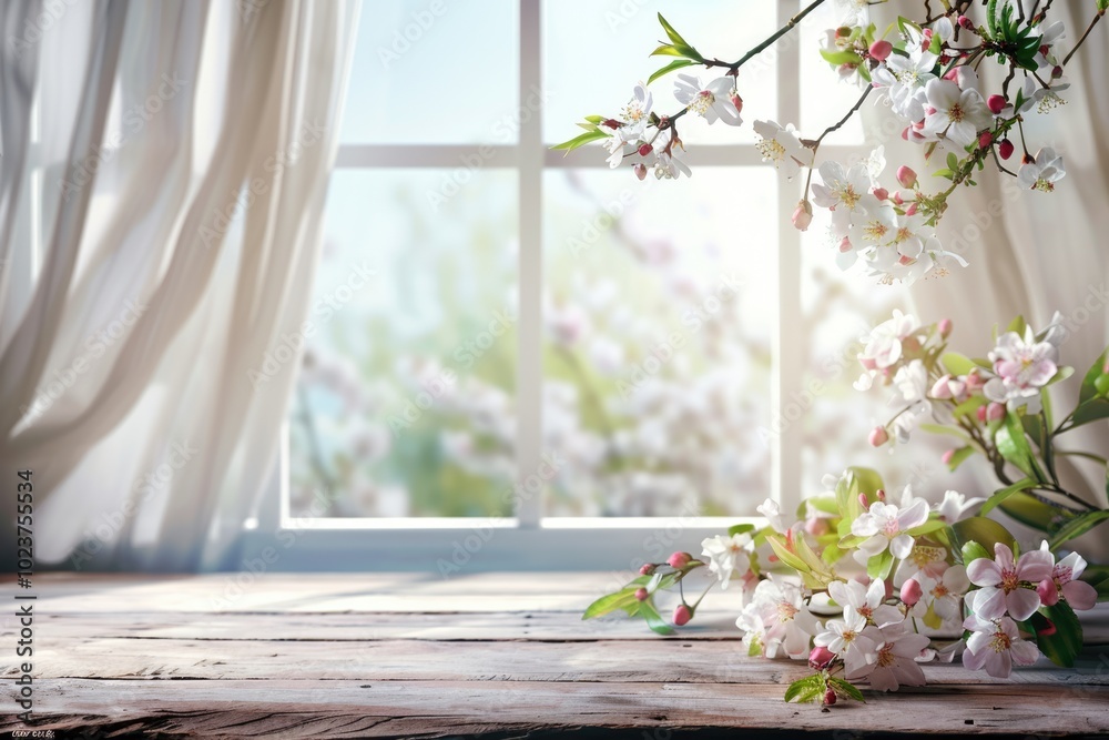 Wall mural White table with spring flowers and space for text.