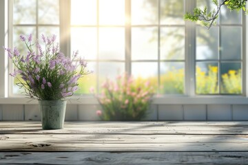 Table background with spring landscape and green plant.