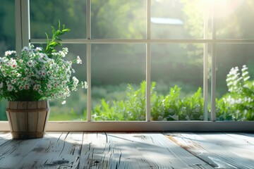 Table background with spring landscape and green plant.