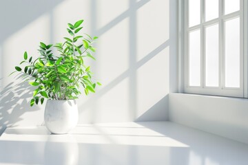 White desk space with free decoration and small plant by window.