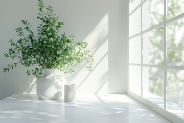 White table with green plant for decoration and spring window.
