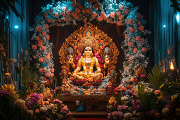 Fototapeta premium Goddess of wealth and prosperity adorned with flowers in a serene temple setting