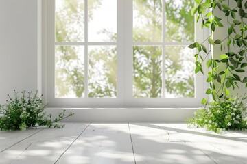 White table with green plant for decoration and spring window.