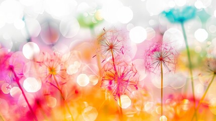 A vivid and dreamy abstract background featuring colorful dandelions and bokeh lights, perfect for spring-themed designs and creative projects.