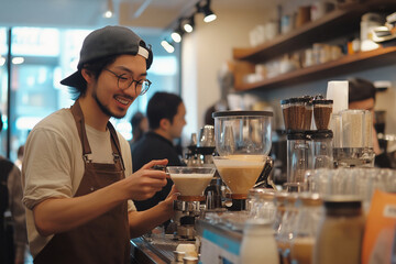Baristas create latte art in a busy afternoon cafe