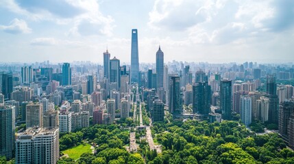 Obraz premium Aerial View of City Skyline with Green Park Landscape