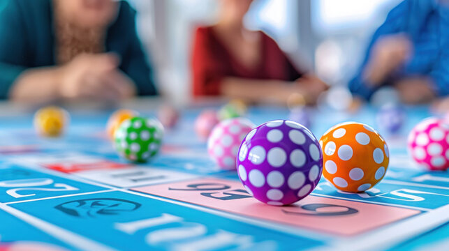 Close-up of colorful bingo balls with people blurred in background. National Bingo Day, Bingo's Birthday Month - Powered by Adobe