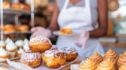 Bakery stall with freshly baked pastries and desserts displayed for sale.