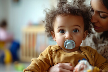 The parent is cuddling the child. Childcare and parenting scene in a playroom with indoor lighting. Generative AI