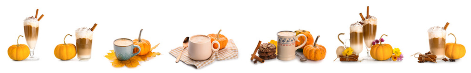 Set of tasty pumpkin coffee on white background