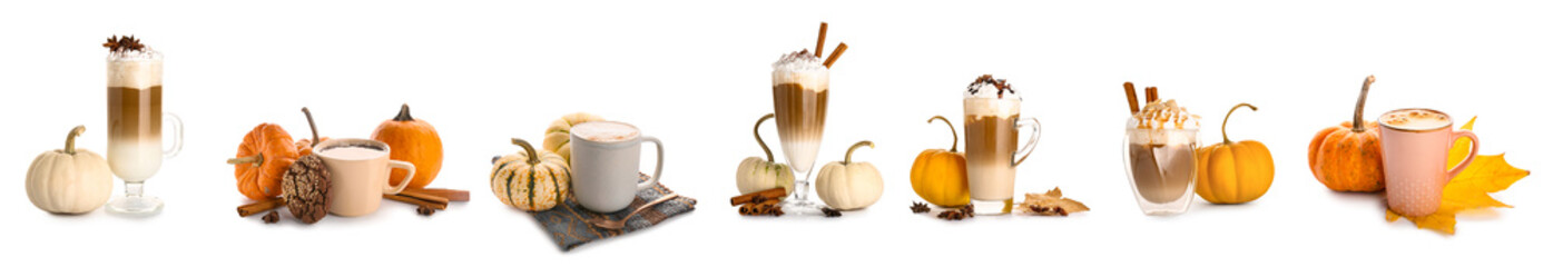 Set of tasty pumpkin coffee on white background