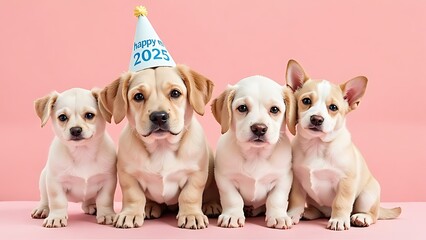 Fototapeta premium The adorable pups wear party hats that read 
