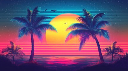 Obraz premium A vibrant sunset scene featuring palm trees and a colorful sky over the ocean.