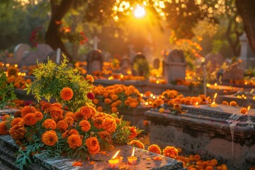 Tranquil Cemetery at Sunset with Cempasuchil Flowers and Glowing Candles for Day of the Dead Decoration