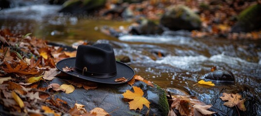 Serene Autumn Stream with Black Pilgrim Hat on Rock Amongst Falling Leaves - Tranquil Nature Scene
