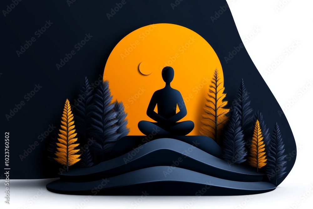 Poster a simple abstract illustration of a person surrounded by nature, representing the balance and well-b