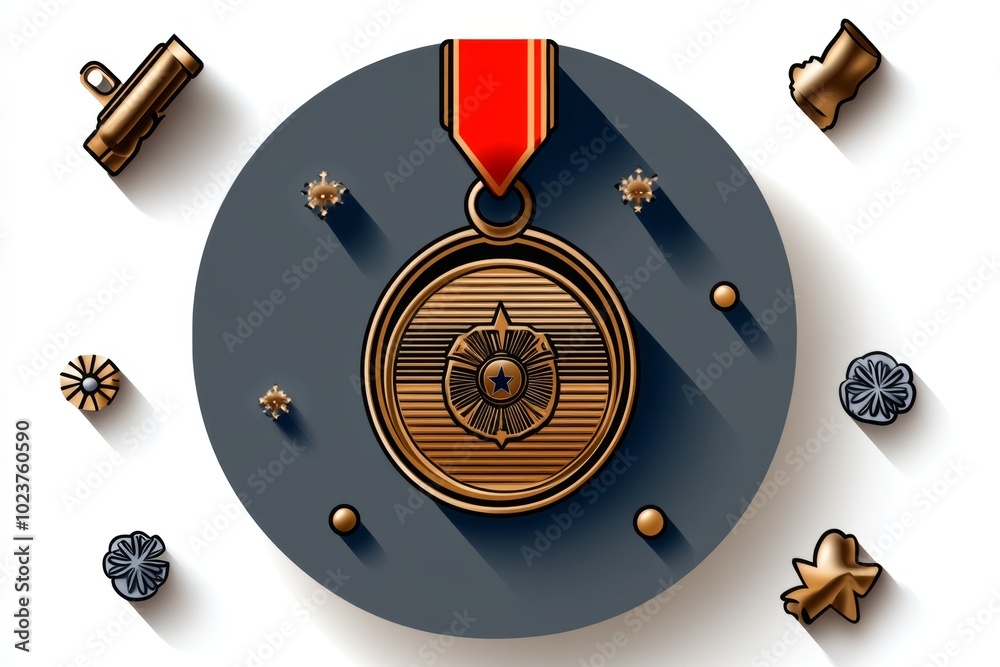 Poster a simple icon of a medal of service awarded to veterans, with clean lines and a minimal color palett