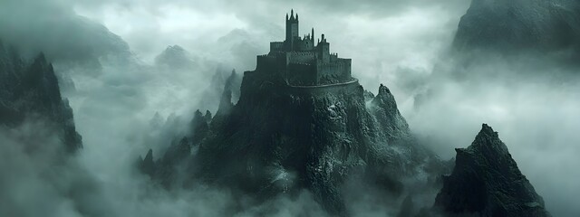 A misty mountain range with an ancient castle perched on the peak, surrounded by dense forests and winding paths leading to hidden castles nestled in the mountains