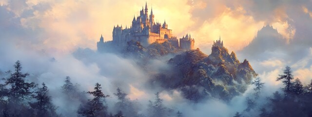 A misty mountain range with an ancient castle perched on the peak, surrounded by dense forests and winding paths leading to hidden castles nestled in the mountains