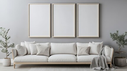 Cozy living room with white couch, framed art, and indoor plants.