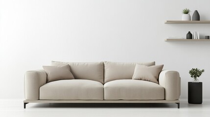 Contemporary interior with beige sofa and decorative shelves
.