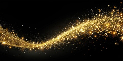 Abstract golden glitter wave trail with sparkling particles in space