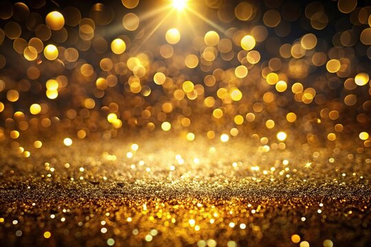 Abstract golden glitter background with bokeh and light effect on black