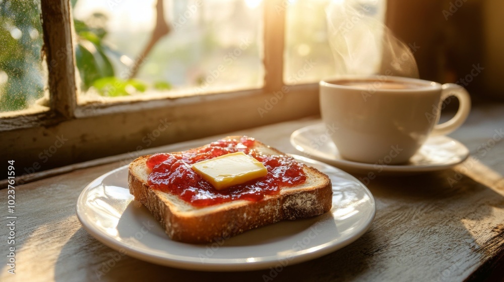 Poster warm breakfast with toast and coffee by window